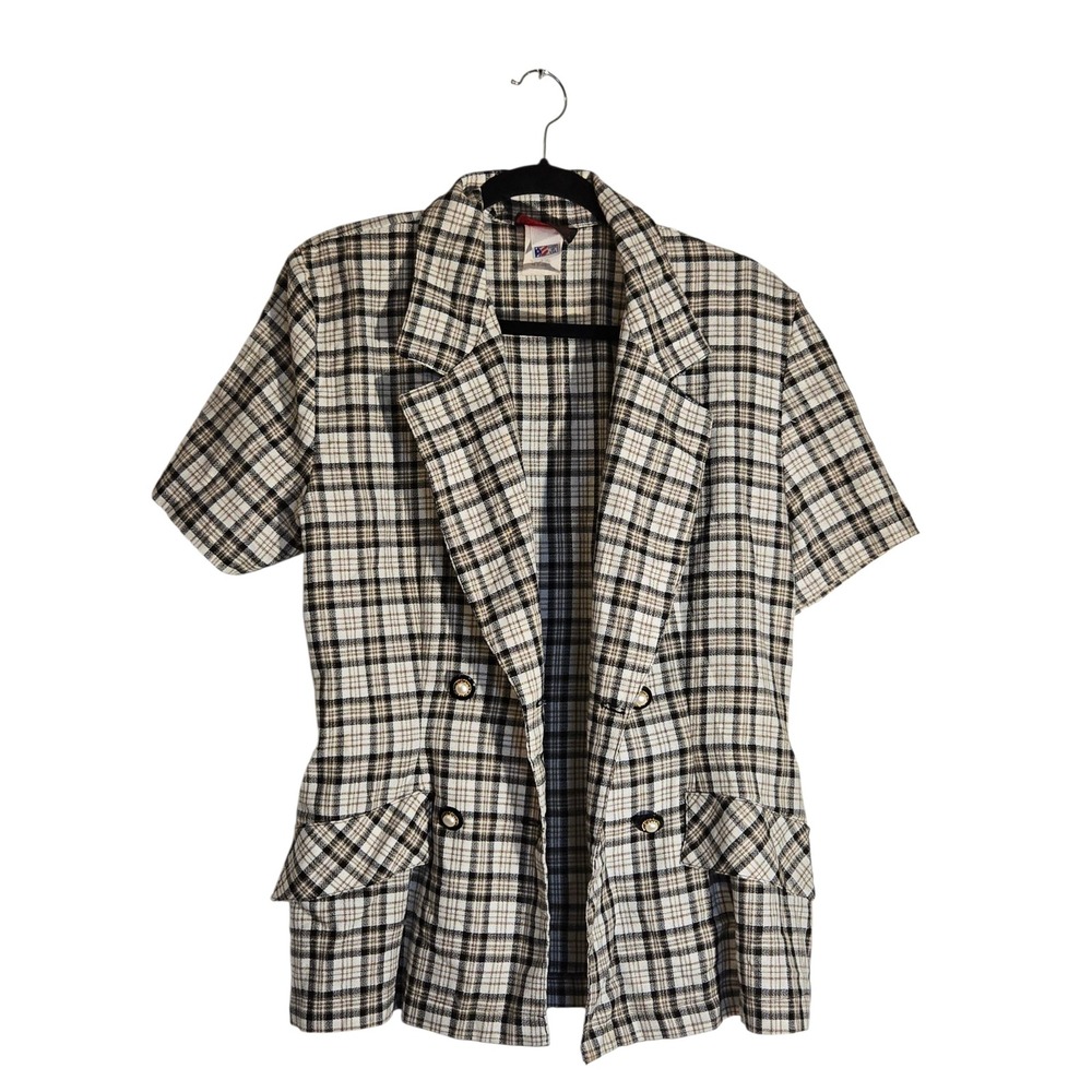Vintage La Belle Fashions Plaid Short Sleeve Blazer Pearl Button Jacket Size 12